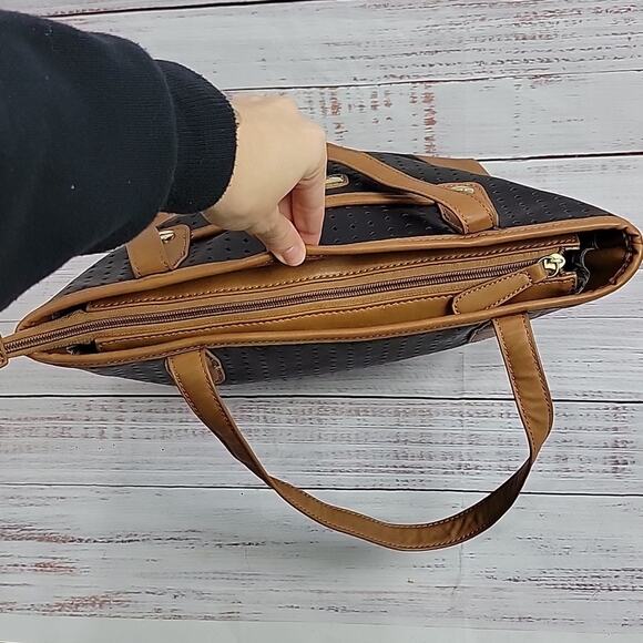 Marc Fisher Black Tan Perforated Vegan Leather Double Handle Handbag Purse - Picture 10 of 16